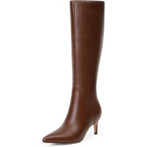 Women's Brown Tall Boots Pointed Toe Kitten Heel Side Zipper Knee High Boots